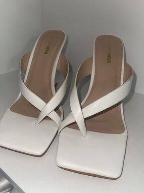 Fashion Nova Women’s White Crisscross Square-Toe Heeled Wedge Sandals